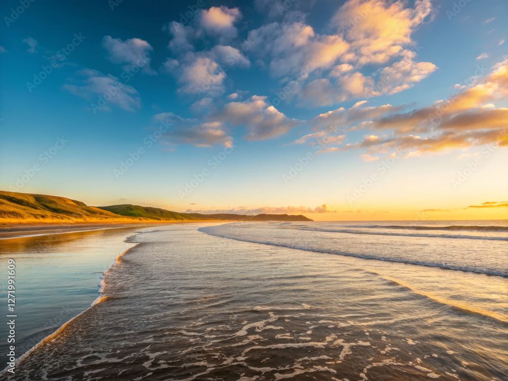 Fototapeta premium Panoramic coastal scene with calm waves at golden hour beachfront landscape photography serene environment