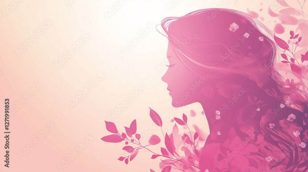 Fundo rosa do Dia das Mulheres com perfil feminino delicado, tons e sobretons de rosa, folhas e flores sobrepostas, celebração inspiradora Fundo rosa do Dia das Mulheres com perfil feminino delicado, tons e sobretons de rosa, folhas e flores sobrepostas, celebração inspiradora