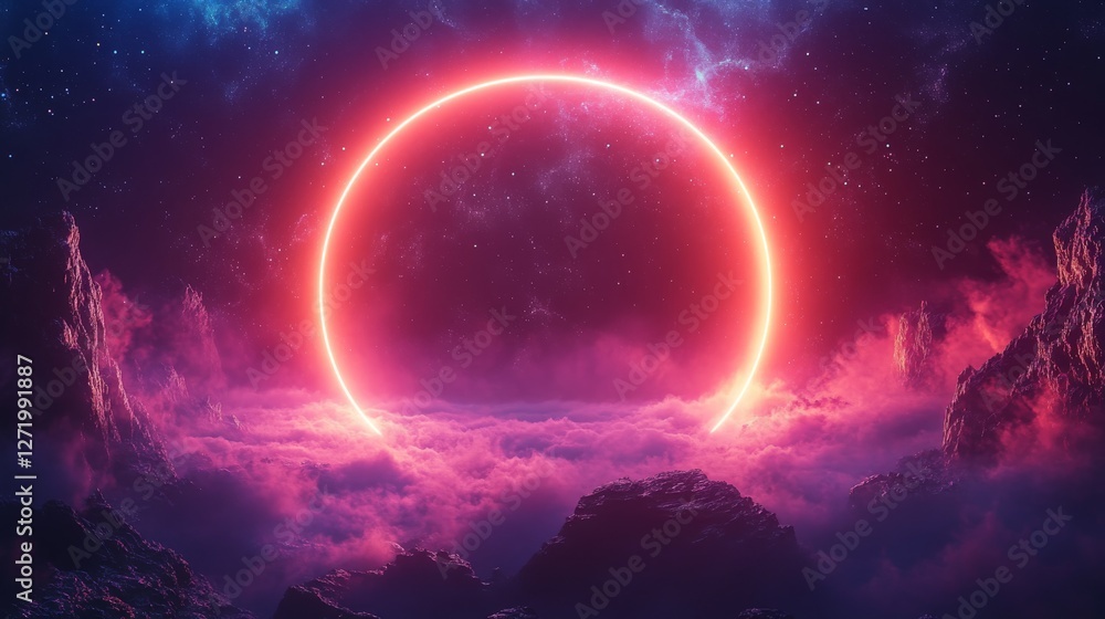 Glowing red circle shines above a cloudy mountain landscape Glowing red circle shines above a cloudy mountain landscape