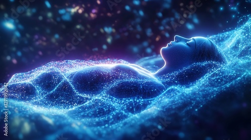 Dynamic 3D rendering of deep sleep cycle featuring glowing wave of blue purple surrounding sleeping figure intricate neural connection cinematic lighting symmetrical alignment ultra detailed texture