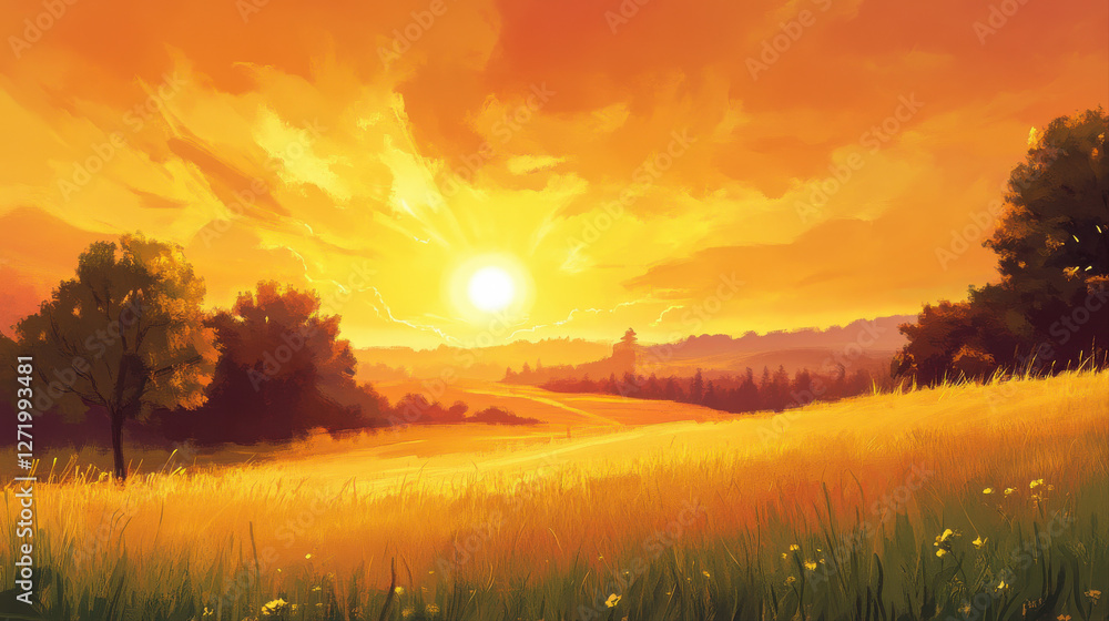 Fototapeta premium vibrant golden sunset over peaceful grassland, with warm hues illuminating landscape and creating serene atmosphere