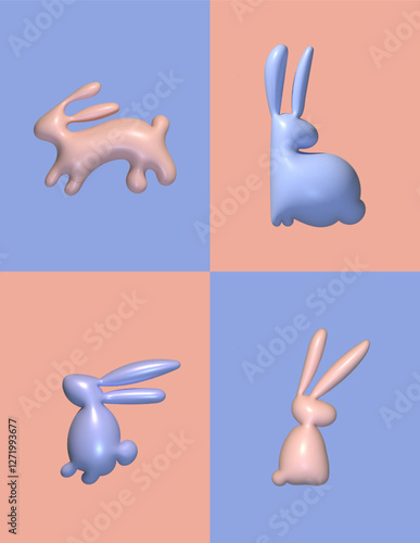 Cute Postcard Set Easter Rabbits Bunnies 3D Illustration Modern Minimal 5x7