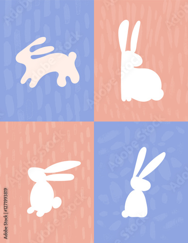 Cute Postcard Set Easter Rabbits Bunnies Vector Illustration Modern Minimal 5x7