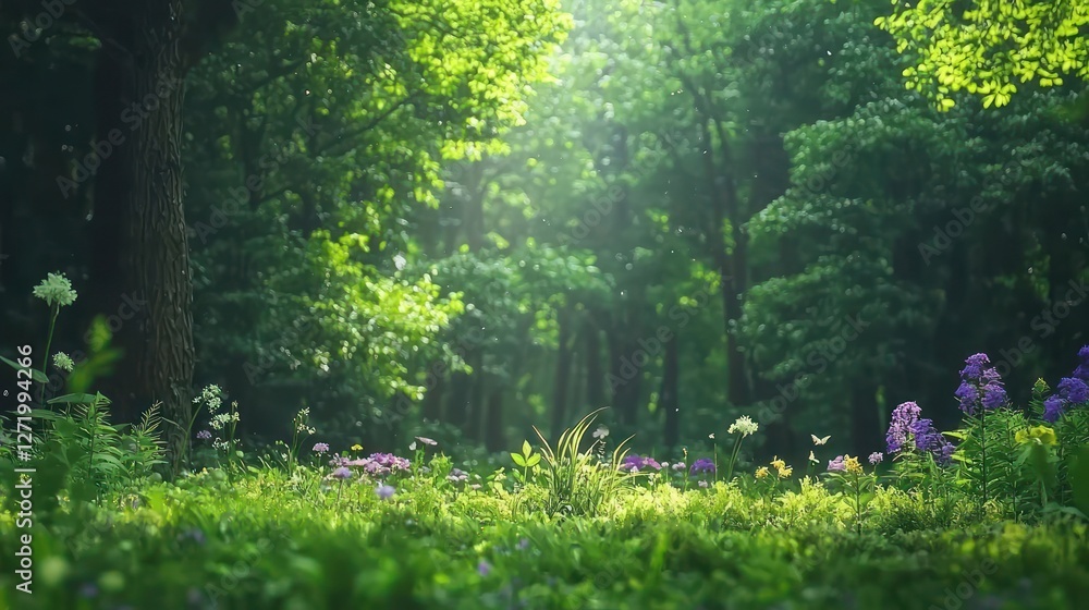 Sunlit Forest Path with Lush Greenery and Purple Wildflowers Sunlit Forest Path with Lush Greenery and Purple Wildflowers