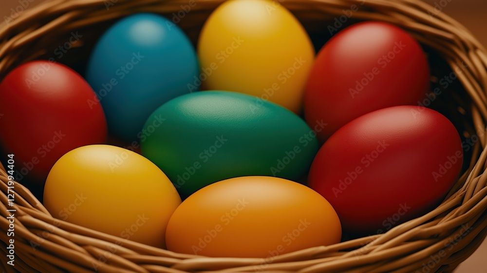 Wicker basket with colorful easter eggs, close up, greeting card Wicker basket with colorful easter eggs, close up, greeting card
