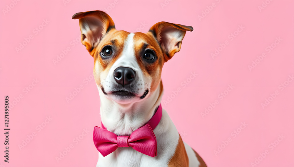 A dapper Jack Russell Terrier in a vivid bow tie, against a soft pink studio background. Its expression is attentive and poised, highlighting its affable personality, enhance. with white shades A dapper Jack Russell Terrier in a vivid bow tie, against a soft pink studio background. Its expression is attentive and poised, highlighting its affable personality, enhance. with white shades