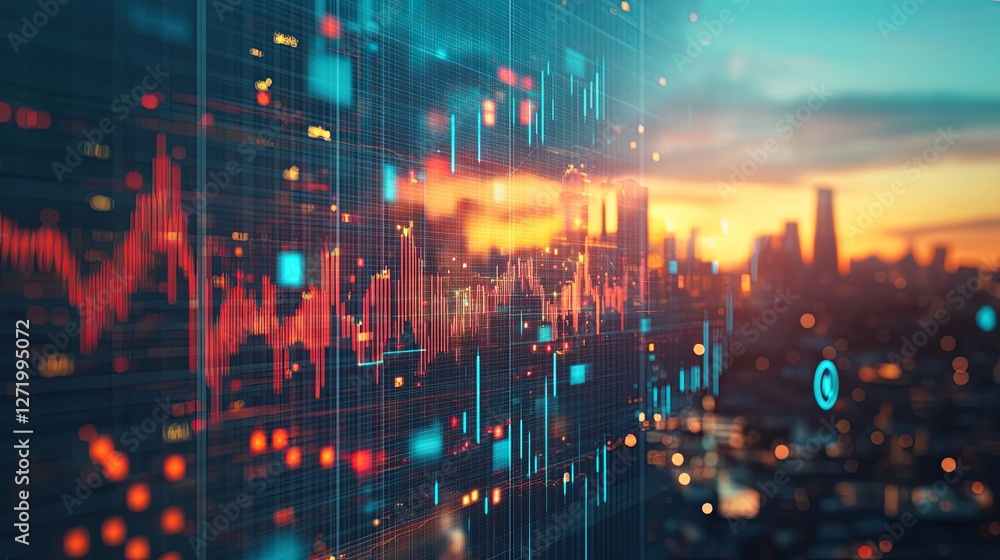 Abstract financial data visualization with cityscape and sunset reflections Abstract financial data visualization with cityscape and sunset reflections