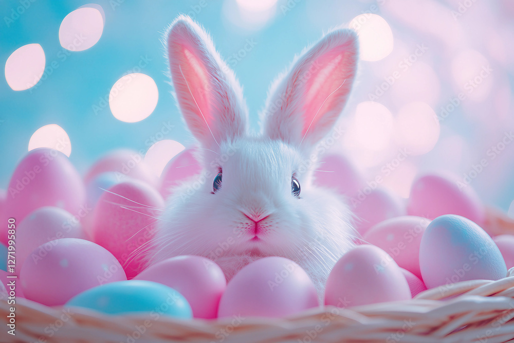 Generative AI image of two adorable Easter bunnies holding a pastel egg in a dreamy floral setting
