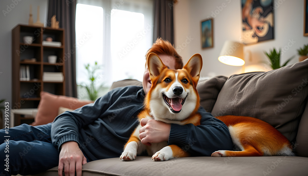 Redhead young happy man with cute Corgi dog lying on sofa at home, studio lighting. with white shades Redhead young happy man with cute Corgi dog lying on sofa at home, studio lighting. with white shades