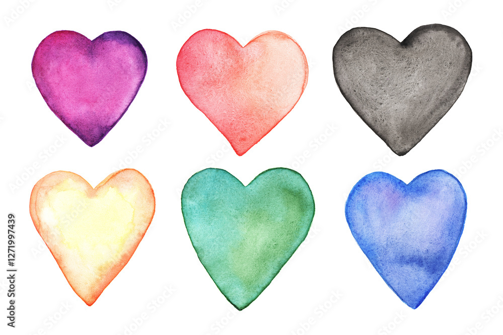 Fototapeta premium Set of hand drawn watercolor multi-colored hearts. Raster illustration, watercolor on paper. Bright watercolor drawings, wet paper. Cards for Valentine's Day.