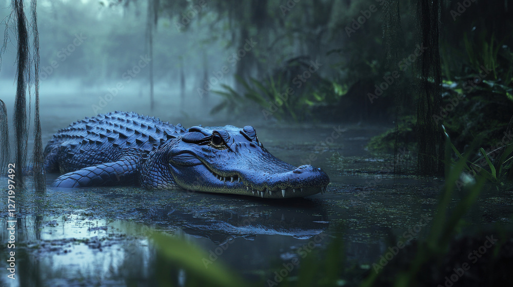 Fototapeta premium Lurking alligator in murky swamp waters, surrounded by lush vegetation