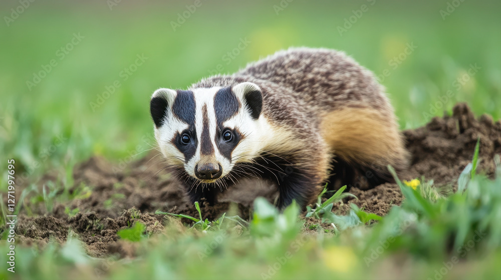 American badger grassy field, digging and exploring its surroundings. This curious creature showcases its distinctive markings and playful American badger grassy field, digging and exploring its surroundings. This curious creature showcases its distinctive markings and playful