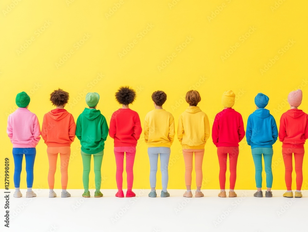 Fototapeta premium Vibrant group of diverse people standing against bright yellow wall wearing colorful outfits symbolizing unity diversity and individuality in contemporary urban lifestyle