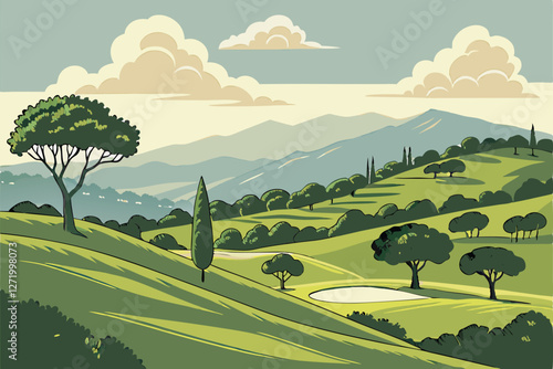  Lush green rolling hills, Manicured topiary trees, Golden evening sunlight, Distant majestic mountains, Fluffy white clouds, Clear blue sky, Perfectly trimmed grass, Curving landscape lines, Serene