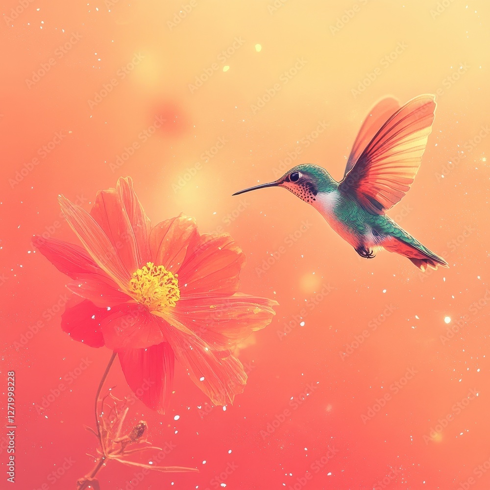 Fototapeta premium Hummingbird hovers gracefully near a vibrant orange cosmos flower