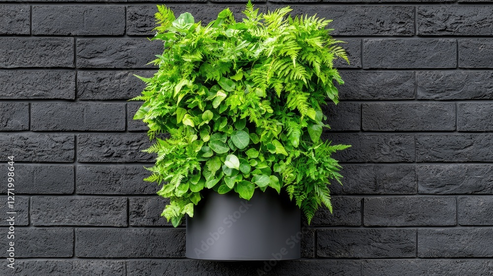 Vertical garden on dark brick wall. Possible use Home decor, interior design Vertical garden on dark brick wall. Possible use Home decor, interior design