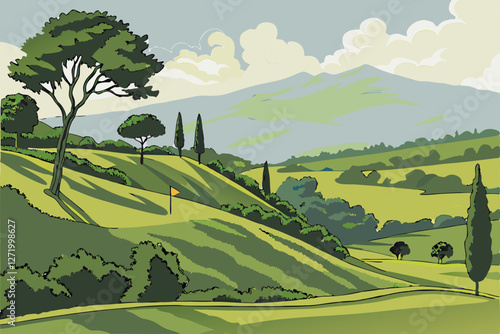  Lush green rolling hills, Manicured topiary trees, Golden evening sunlight, Distant majestic mountains, Fluffy white clouds, Clear blue sky, Perfectly trimmed grass, Curving landscape lines, Serene