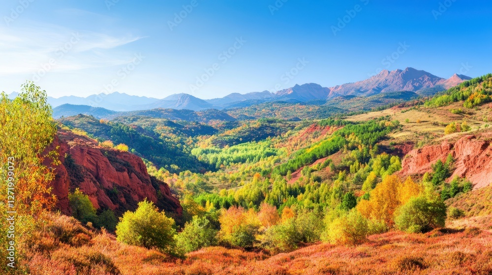Mountainous Autumnal Vista: A breathtaking panorama unfolds, showcasing a colorful autumn landscape with rolling mountains, lush forests, and a bright blue sky. Mountainous Autumnal Vista: A breathtaking panorama unfolds, showcasing a colorful autumn landscape with rolling mountains, lush forests, and a bright blue sky.