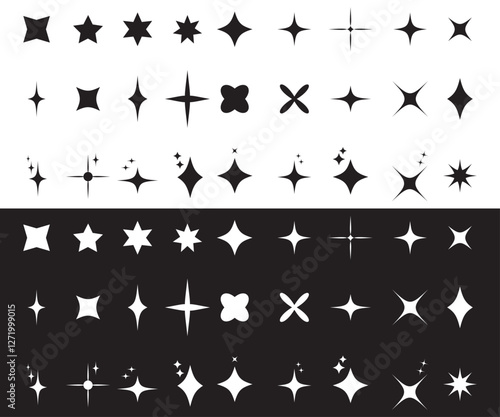 Retro star silhouette set with twinkle particles and rays