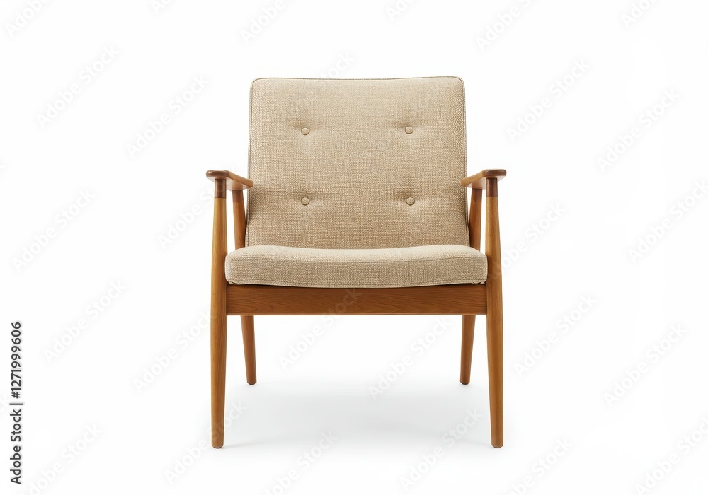 Obraz premium A mid-century modern wooden chair with beige upholstered seat and backrest isolated on a white background