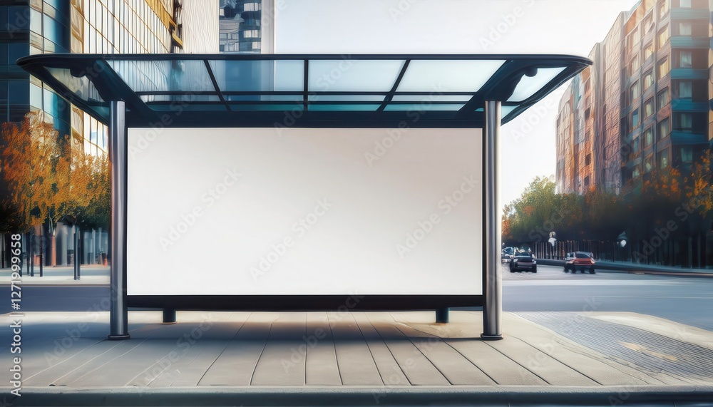Modern bus stop in an urban environment featuring a large blank billboard on a city street