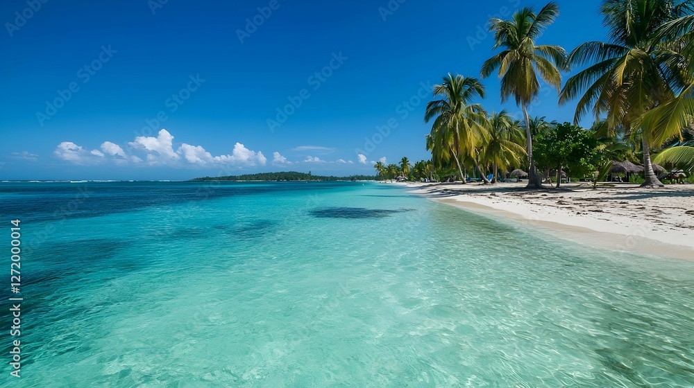 Naklejka premium Tranquil Tropical Beach Scene with Turquoise Water and Palm Trees