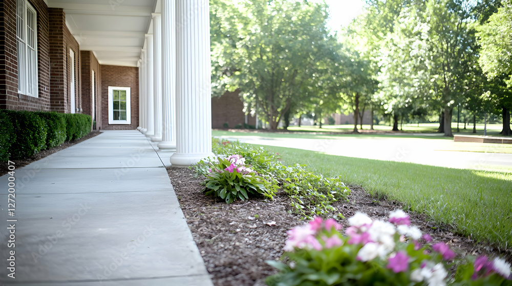 Porch, building, landscaped grounds, summer day, campus Porch, building, landscaped grounds, summer day, campus