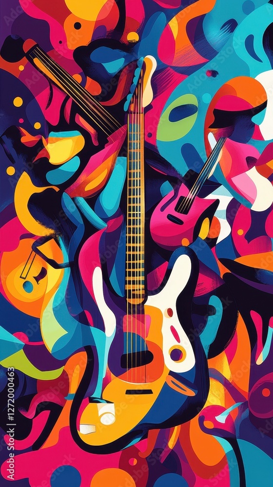 Fototapeta premium Colorful abstract artwork features various musical stringed instruments