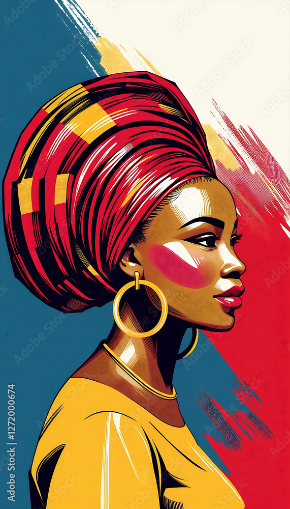 Fototapeta premium Vivid Portrait Illustration of African Woman with Head Wrap - Afrocentric Art & Fashion
