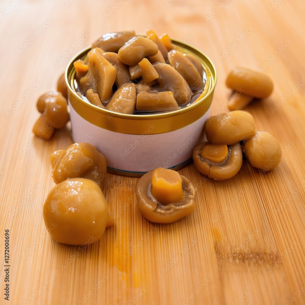 Close up of cooked mushroom pieces and stems around a can on a wooden surface in a well-lit kitchen Close up of cooked mushroom pieces and stems around a can on a wooden surface in a well-lit kitchen