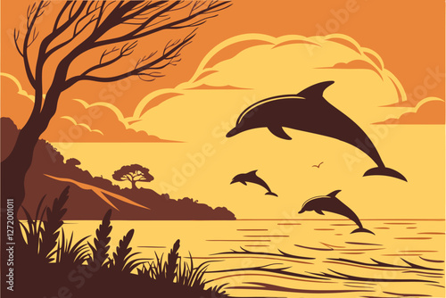  Silhouettes of dolphins jumping, golden sunset over ocean, vibrant orange sky, dramatic clouds, calm sea reflection, serene seascape, majestic marine life, nature photography, high contrast, backli