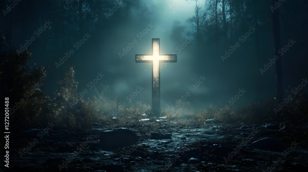Naklejka premium Glowing White Cross in a Forest on a Dark Right