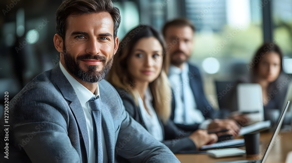 Confident business team, focused on the leader, suggesting success and a collaborative environment. Confident business team, focused on the leader, suggesting success and a collaborative environment.