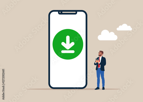 Mobile phone with download data to cloud computing. Download the app. Modern vector illustration in flat style