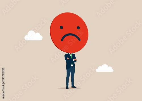 Businessman with a wicked face of a head on shoulders. Burnout from tiring work or demotivation from failure, stress. Flat vector illustration.