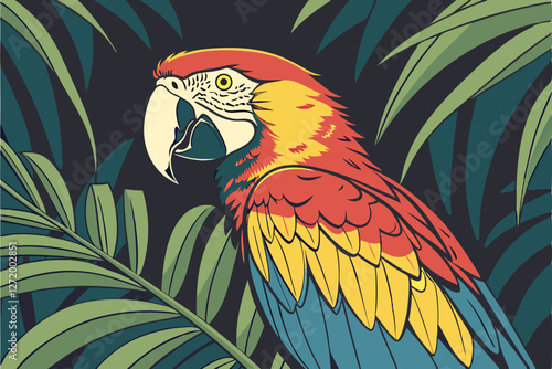  Vibrant macaw parrot, colorful plumage, jungle setting, lush green foliage, detailed feathers, bright yellow and red head, blue and green wings, sharp curved beak, piercing eye, tropical rainforest