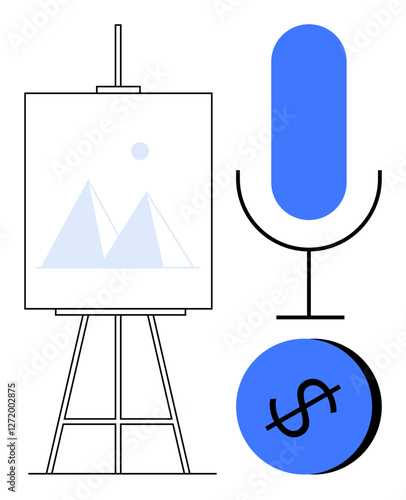 Art easel with a painting, large blue microphone, and a blue dollar sign. Ideal for creativity, communication, audio content, economics, marketing, monetization business strategy abstract line flat