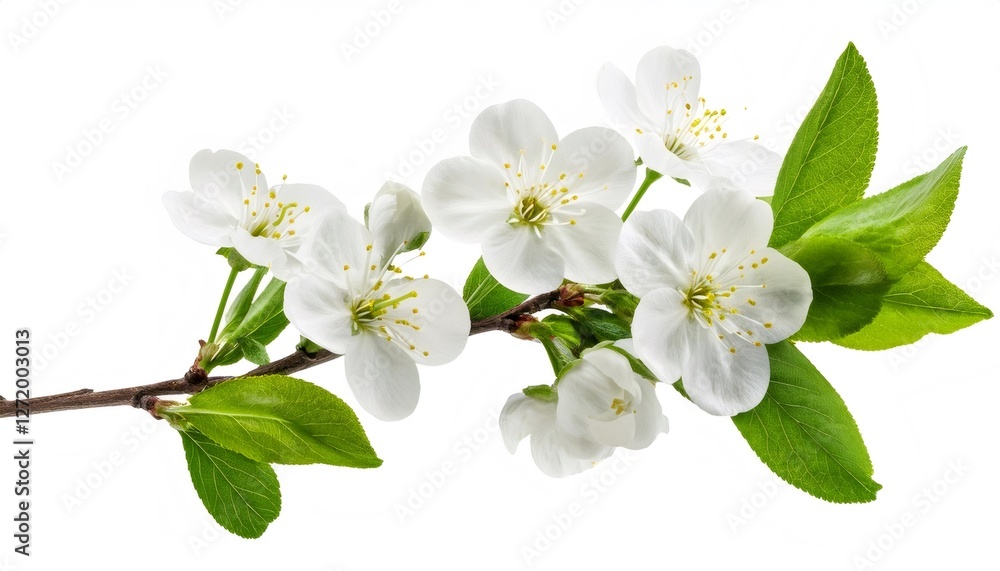 Obraz premium Plum tree branch with delicate white flowers and vibrant green leaves, creating a fresh and spring like image against a clean white backdrop