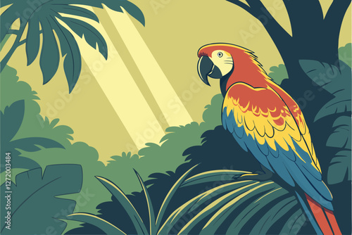  Vibrant macaw parrot, colorful plumage, jungle setting, lush green foliage, detailed feathers, bright yellow and red head, blue and green wings, sharp curved beak, piercing eye, tropical rainforest