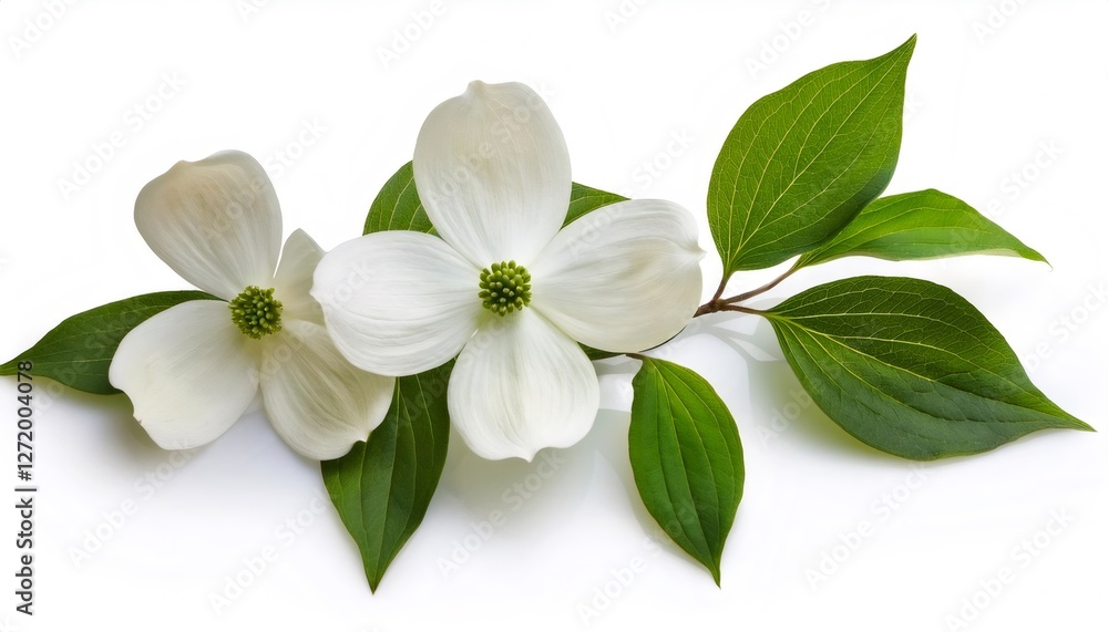 White dogwood blossoms opening delicately, surrounding green foliage, resting against pristine white backdrop White dogwood blossoms opening delicately, surrounding green foliage, resting against pristine white backdrop