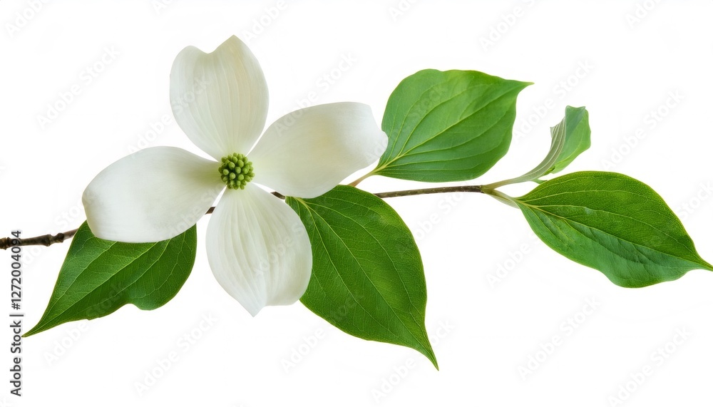 Obraz premium Flowering dogwood branch with vibrant green leaves and delicate white flower, isolated on a clean white background