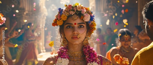 Beautiful young South Asian woman celebrating a traditional Indian wedding ceremony Bride wearing colorful floral headdress and gold jewelry, showered with flower petals in a temple Concept of marriag photo