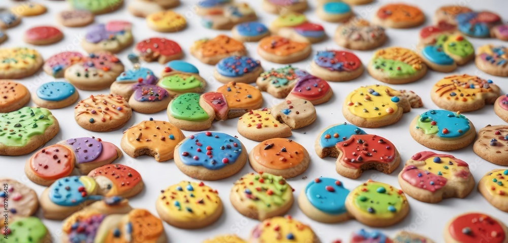 Colorful cookies scattered on a white background, baked goods, white surface Colorful cookies scattered on a white background, baked goods, white surface