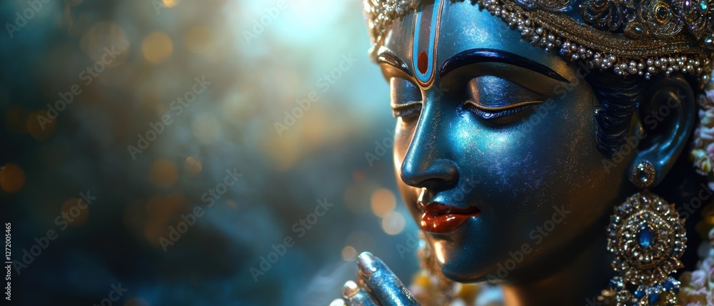 Serene Face of Lord Krishna: A CloseUp of a BlueSkinned Deity with Ornate Crown and Jewelry, Embodying Peace and Devotion in Hinduism Serene Face of Lord Krishna: A CloseUp of a BlueSkinned Deity with Ornate Crown and Jewelry, Embodying Peace and Devotion in Hinduism