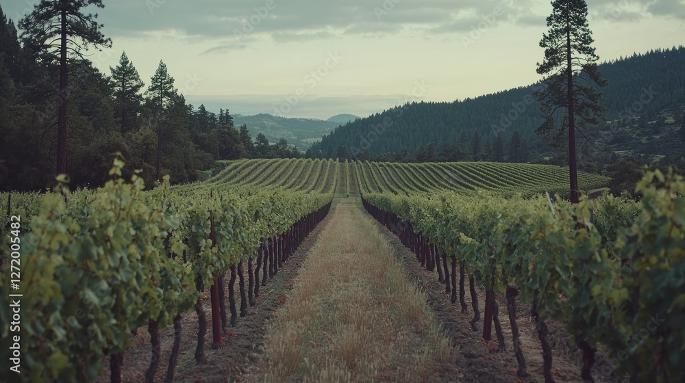 Fototapeta premium Serene vineyard rows stretching towards distant hills under a cloudy sky.