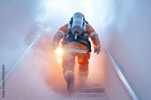 Brave firefighter ascending smoke filled staircase, equipped with protective gear and flashlight, during a building emergency response photo