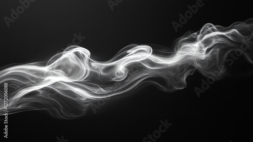 Luminous smoke gracefully floats against a stark dark background