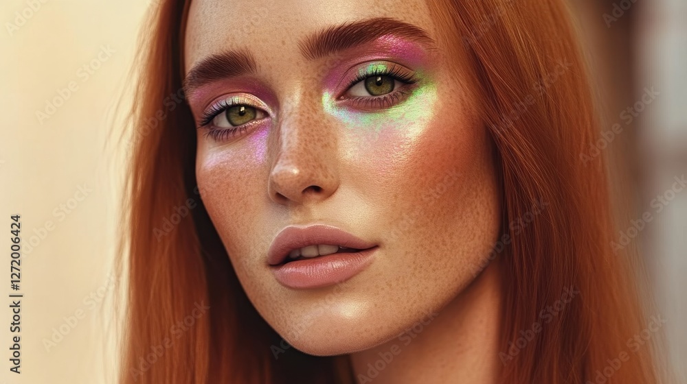 Fototapeta premium A vibrant portrait of a woman with striking colorful makeup, capturing contemporary beauty, artistic expression, and a bold sense of self and confidence.