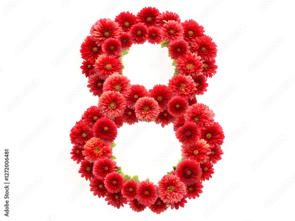 Womens day card. 8 march greeting card. Number eight shape red flowers isolated on white background. Template for greeting card, web design
Womens day card. 8 march greeting card. Number eight shape red flowers isolated on white background. Template for greeting card, web design