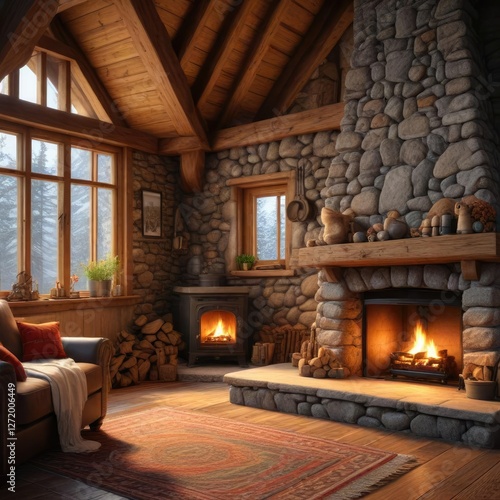 Wallpaper Mural Cozy cabin with a large stone fireplace and wood stove, serene, natural Torontodigital.ca